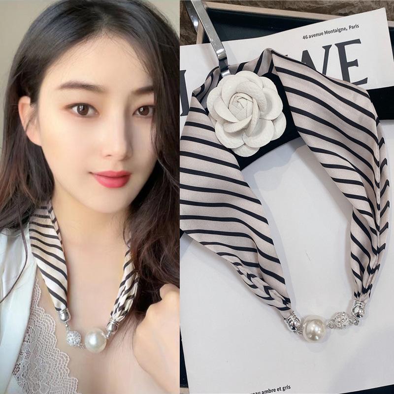 Luxury Design Magnetic Button Summer Silk Scarf Women Magnetic Pearl Necklace Scarves High End Matching Shirt Scarf Lady
