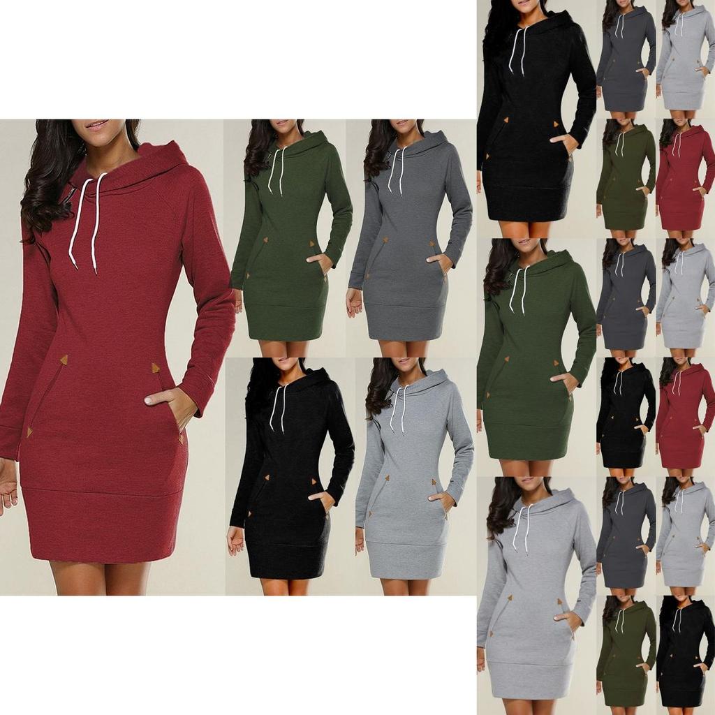 Womens Hooded Mini Dress Casual Long Sleeve Sweatshirt Jumper Slim Fit With Pockets