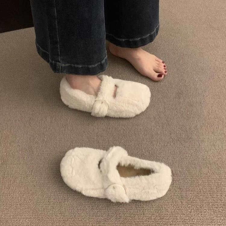 2025 Autumn and Winter New Mink Hair Shoes Women's Casual Wear with Soft Soles Mary Jane Doudou Shoes Cotton Shoes