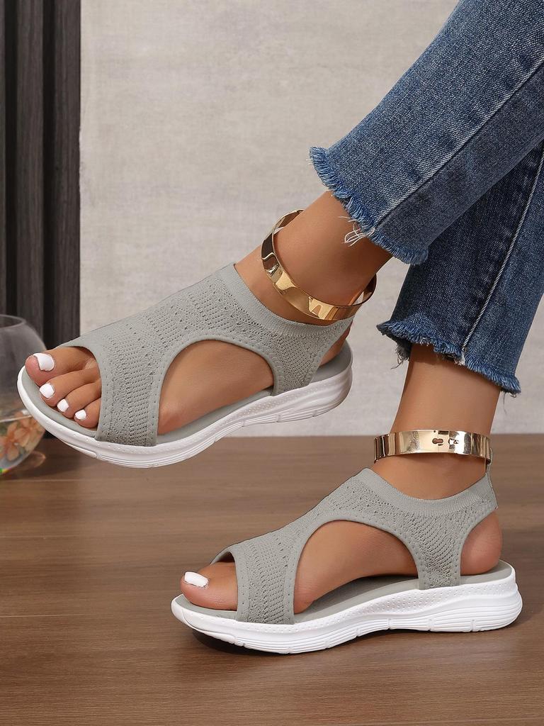 Women's Plus Size Breathable Knit Flat Sandals - European & American Casual Thick-Soled Beach Sandals