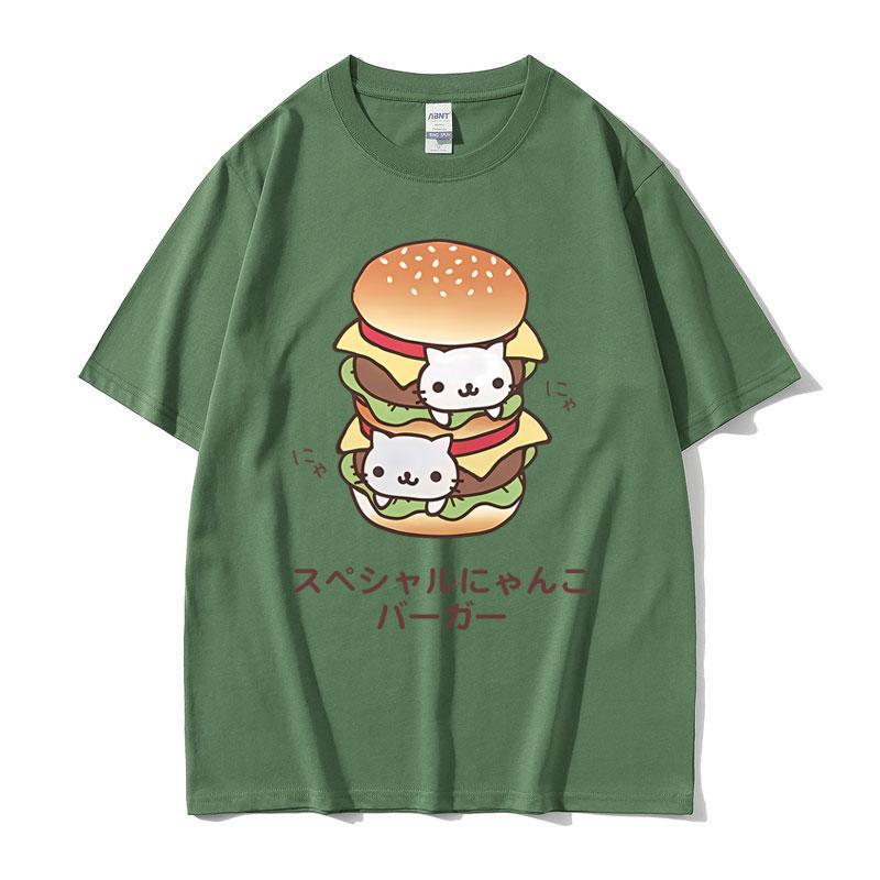 Nyan Nyan Nyanko Cat Double Hamburger Funny Meme Tshirt Unisex Unisex Fashion Oversized T Shirts Male Casual Cotton Crewneck Tshirt