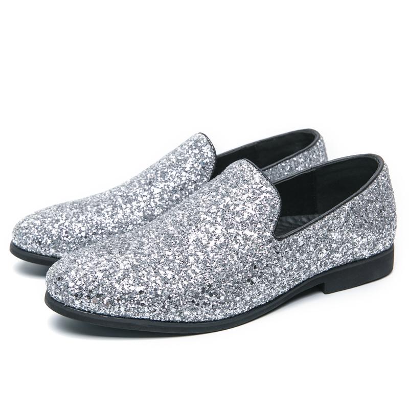 Men’s Loafers Dress Shoes Silver Party Nightclub Smoking Shoes Men Gold Retro Tuxedo Wedding Blazers Saddle Shoes Large Size