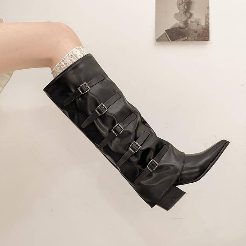 Fashion Pointed Toe Women Knight High Boots Designer Belt Buckle Platform Heel Shoes Autumn Winter Thick Heel Ladies Long Booties