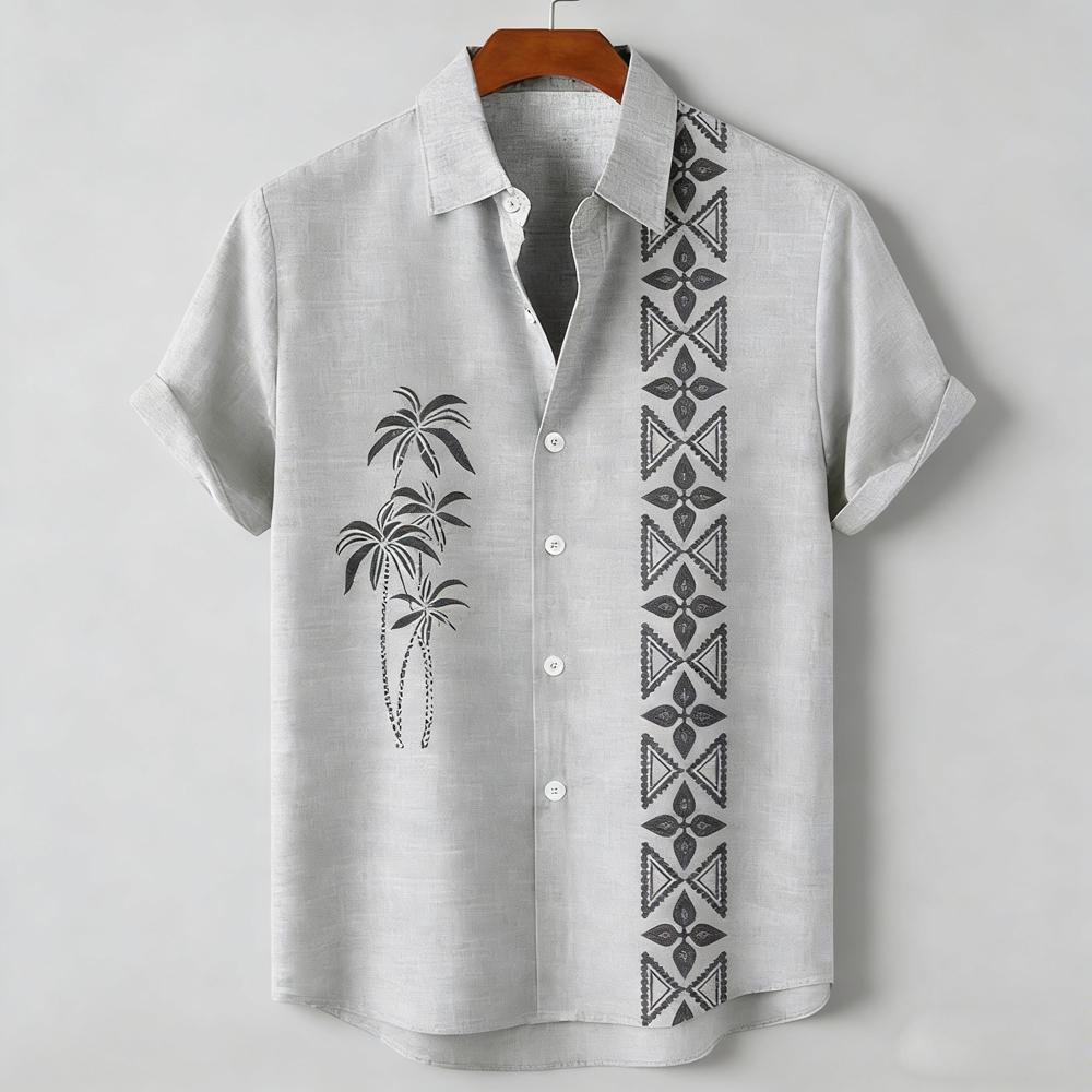 Men's new green linen short-sleeved shirt HD coconut tree pattern 3D printed shirt Hawaiian vacation outdoor social men's wear