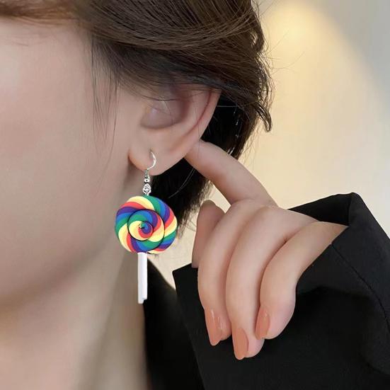 Yousheng 1 Pair Women Hook Earrings Rainbow Lollipop Design Christmas Earrings Colorful Holiday Jewelry Xmas Party Accessories