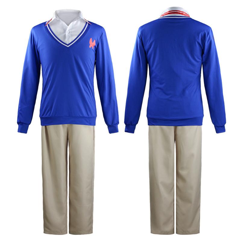 Anime WONDER EGG PRIORITY Momoe Sawaki przebranie na karnawał czerwona peruka z niebieskim płaszczem koszula spodnie stroje świąteczne ubrania karnawałowe