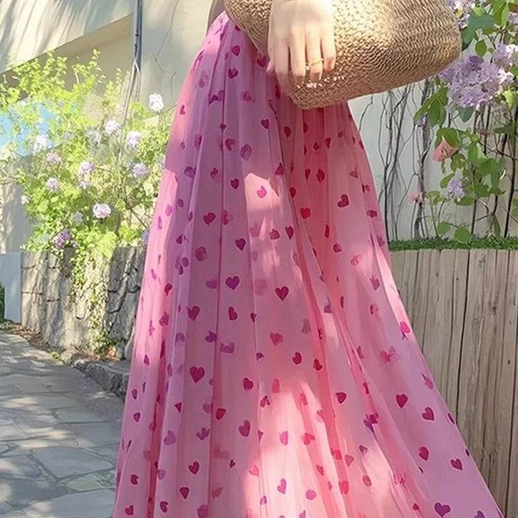 High-Waist Midi Skirt for Women - Summer Floral Heart Print Soft Aesthetic Long Skirt