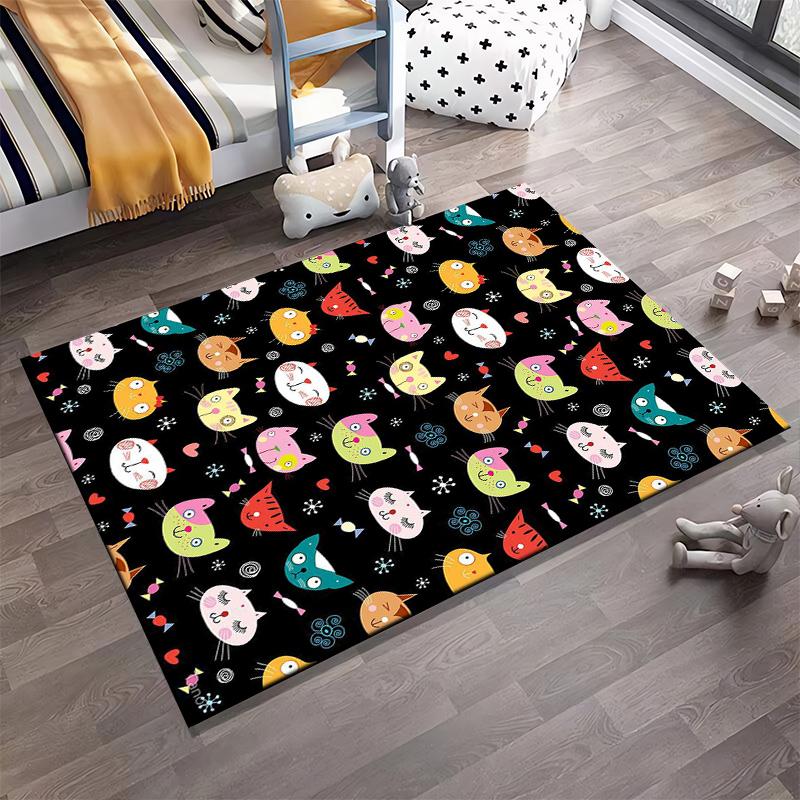 Colorful Cartoon Cat Faces Pattern with Hearts and Candy on Black Background Carpet Suitable for use as an anti-slip for room and bedroom sofas