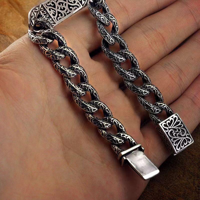 New Silver Color Men's Bracelet Auspicious Pattern Pin Type Retro Couple Men's and Women's Same Style Ring Buckle Bracele Jewelry