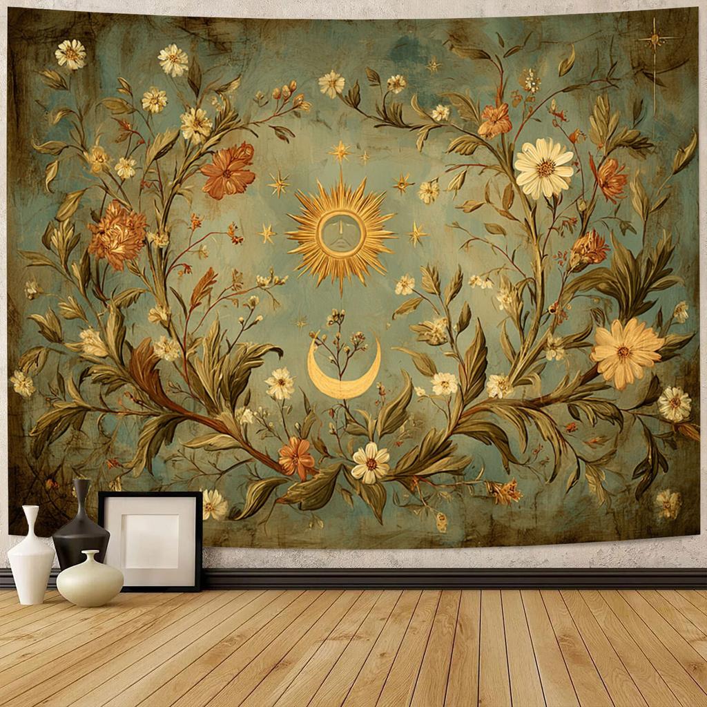 Floral Wreath Sun Vintage Dreamy Landscape Tapestry Wall Hanging, Festive Decor Polyester Tapestry, Suitable for Living Room Bedroom Office, Home Deco