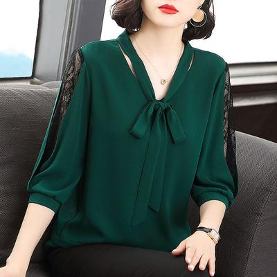 Women Spring Summer Style Blouses Tops Lady Casual Bow Tie Colloar Half Lace Sleeve Loose Shirt Tops