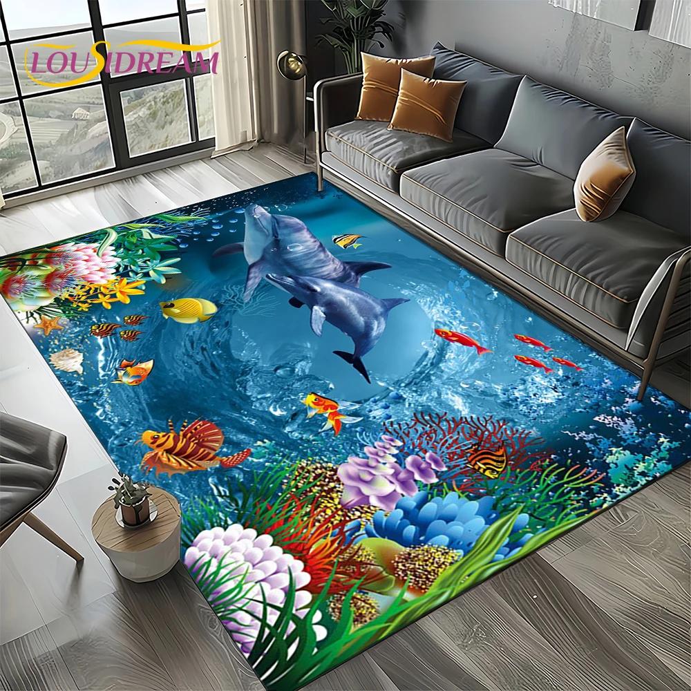 Underwater World 3D Illusion Seabed Cartoon Shark Dolphin Carpet Rug for Living Room Bedroom Home Sofa Decoration,Floor Mat Kid