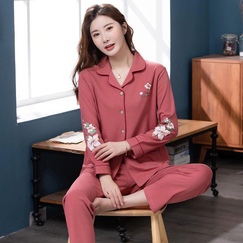 Women's 100% Cotton Long-Sleeve Pajamas for Middle-Aged & Elderly - Loose Cardigan for Autumn/Winter