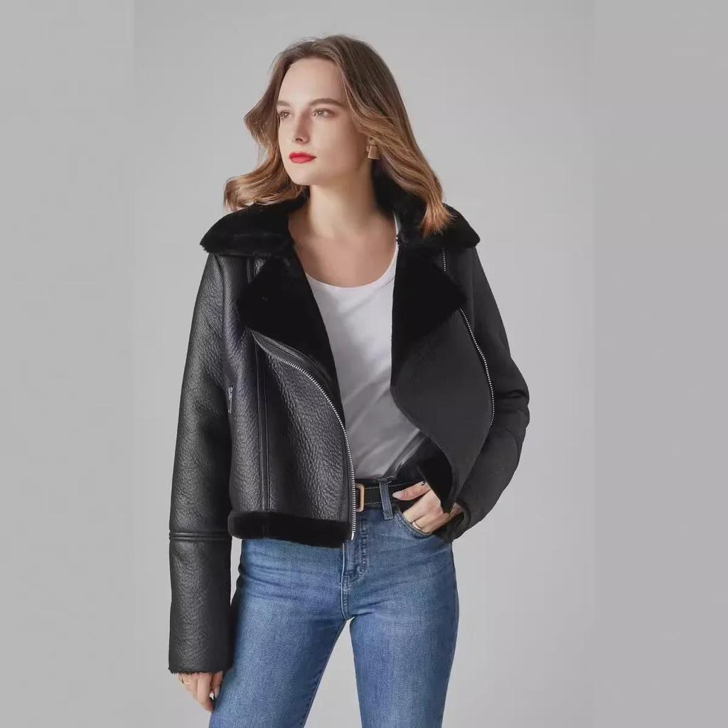 2023 høst/vinter Europeisk og amerikansk damejakke mote motorsykkeljakke – firefarget fortykket kort pelsfrakk