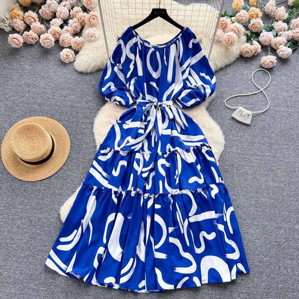 Celebrity Styl Bubble Krátký rukáv Volný styl Dlouhé A-Line Potištěné šaty s volánky na okraji letní