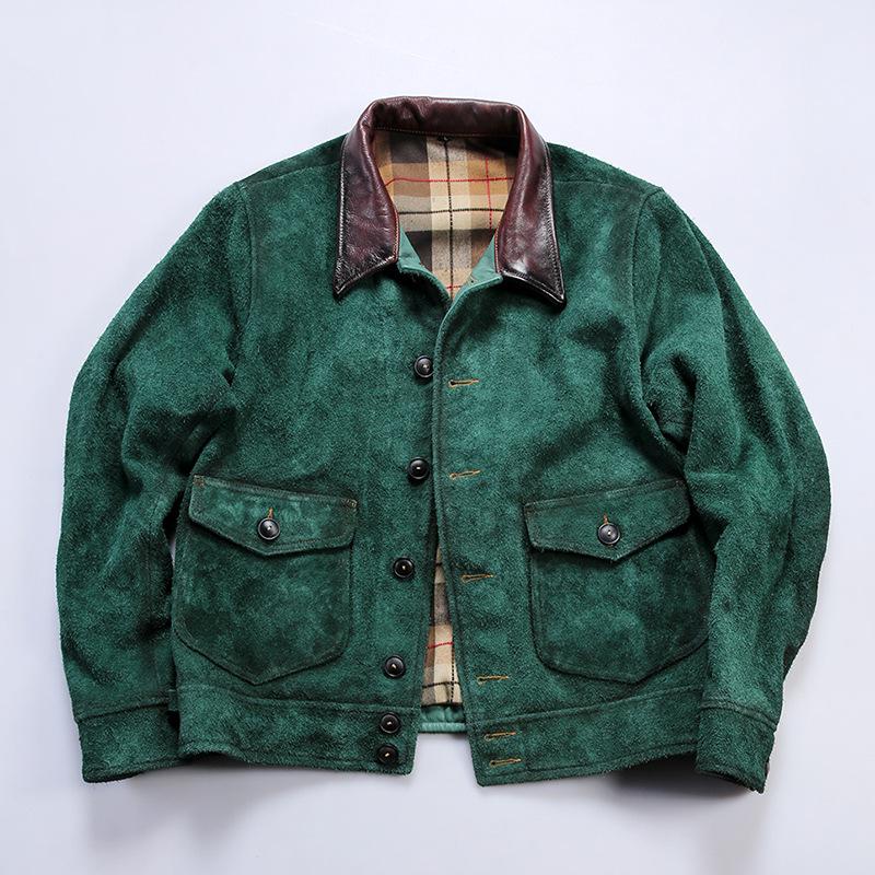 

Винтажная расписанная вручную цветная джинсовая куртка Uncle Depp RL из желтой замши и кожи для мужчин 5XL (200-215 jin)