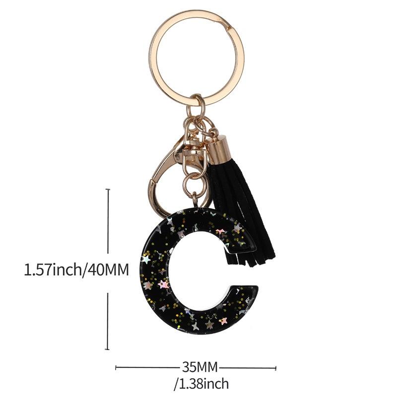 Black Glitter Star Sequins Resin 26 Letters Keychain Initials A-Z Keyring Tassel Charm Accessories Backpack Hanging Decoration