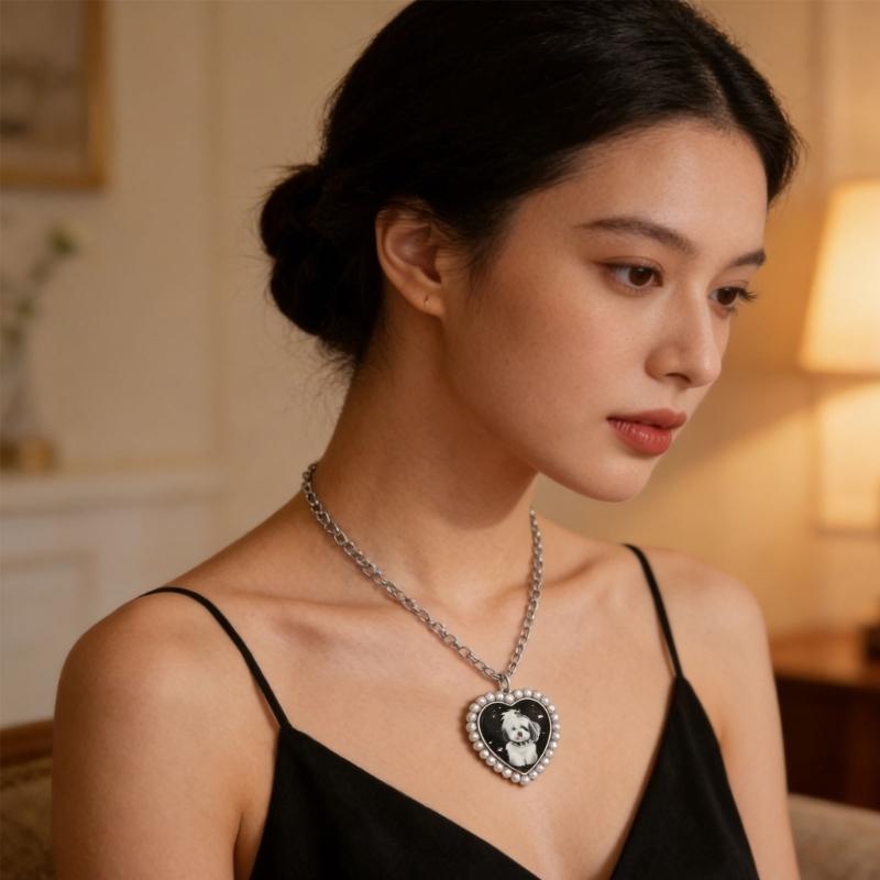 Lovely Pet Themed Long Chain Necklace With Heart Shape Cats And Dog Pendants Sturdy Stainless Steel