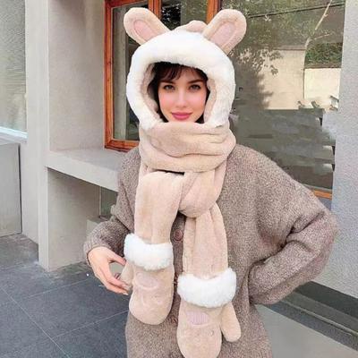 Women Hat Rabbit Ear Decor Thickened Warm 3 In 1 Hat Scarf Gloves Hiking Outings Shopping Winter Headwear