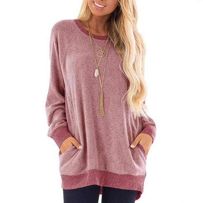 Sweatshirt à col rond bloc de couleur avec poche pour femme - Manches longues T-shirt décontracté