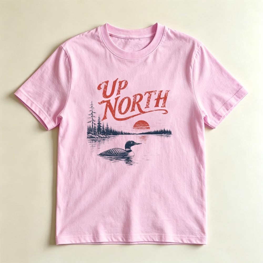 Lake Cabin Lover Gift TShirt Retro Up North Loon Sunset Forest Lake Print Top Northern Wilderness Outdoor Nature Casual Tee S