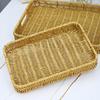 Storage Basket with Handle Manual Braided Faux Rattan Rectangle Shape Hollow Drainage Party Picnic Fruit Snacks Bread Serving
