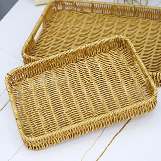 Storage Basket with Handle Manual Braided Faux Rattan Rectangle Shape Hollow Drainage Party Picnic Fruit Snacks Bread Serving