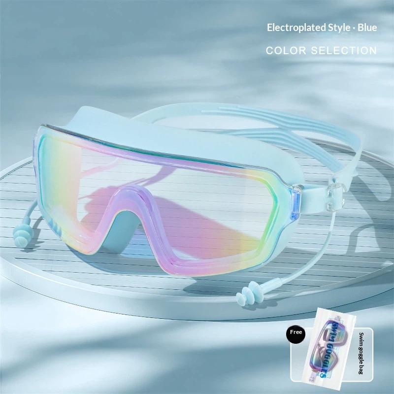 Large Frame Anti Fog Swim Goggles With Ear Plugs Panoramic Wide View Waterproof Swimming Glasses For Adults Pool Beach Water Spo