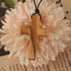 Hand-carved Tapered Wood Cross-shape Necklace Long Leather Rope Adjustable Olive Wood Pendant for Boys Girls Men Women