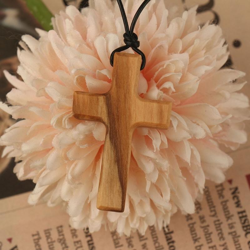 Hand-carved Tapered Wood Cross-shape Necklace Long Leather Rope Adjustable Olive Wood Pendant for Boys Girls Men Women