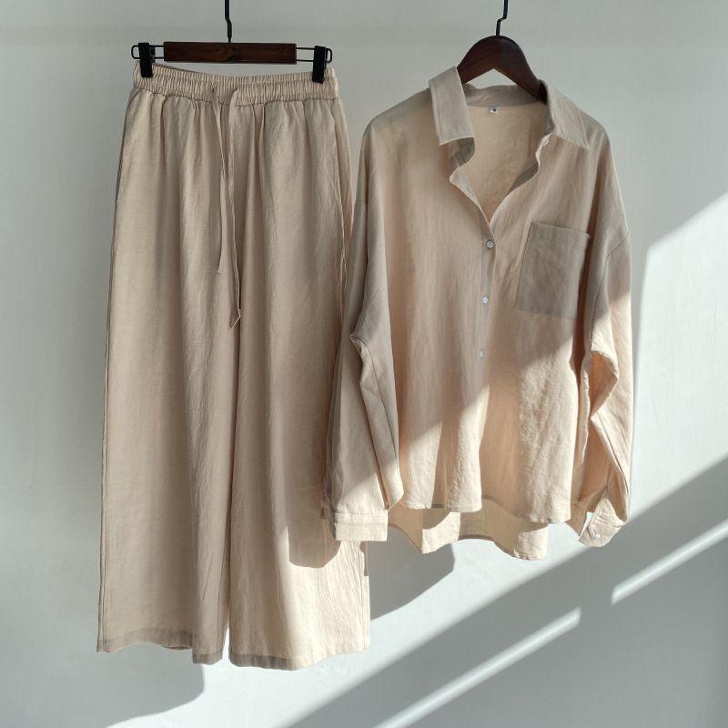 Shirt and Pants Set Summer Women's Retro Plus Size High Waist Loose Pants Cotton Linen Shirt Outfit