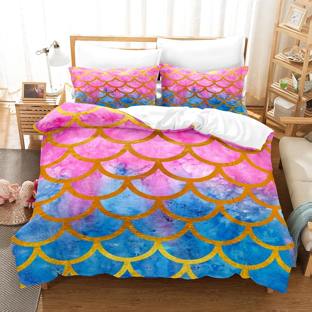 

3D Beautiful Mermaid Scale Bedding Set Colorful Fish Scale Quilt Cover Set Duvet Cover Pillowcase Bedclothes Queen King Size EU Twin 135x200cm