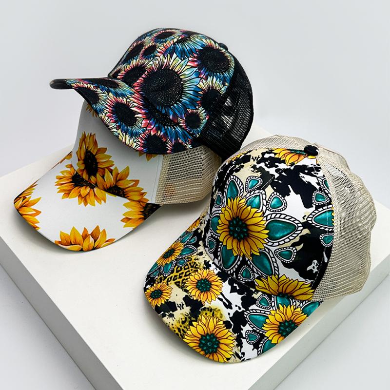 Yiran Bag Women's New Print Sunflower Color Block Baseball Hats Breathable Criss Cross Ponytail Sunshade Versatile Trucker Caps Mesh Fashion 52-60Cm