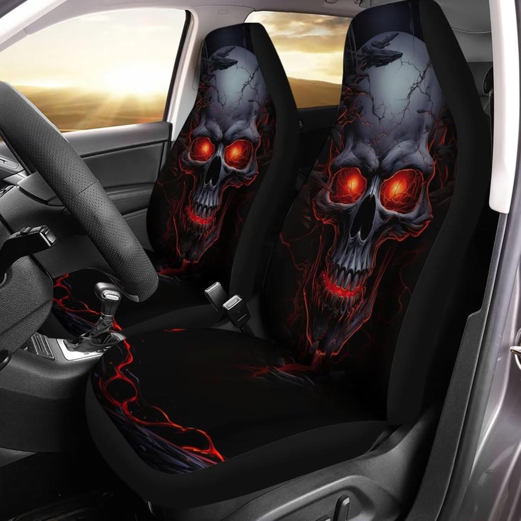 Bulopur Cute Black Gray Skull Set of 2 Car Seat Covers Universal Auto Front Seats Protector Fits for Car,SUV Sedan,Truck
