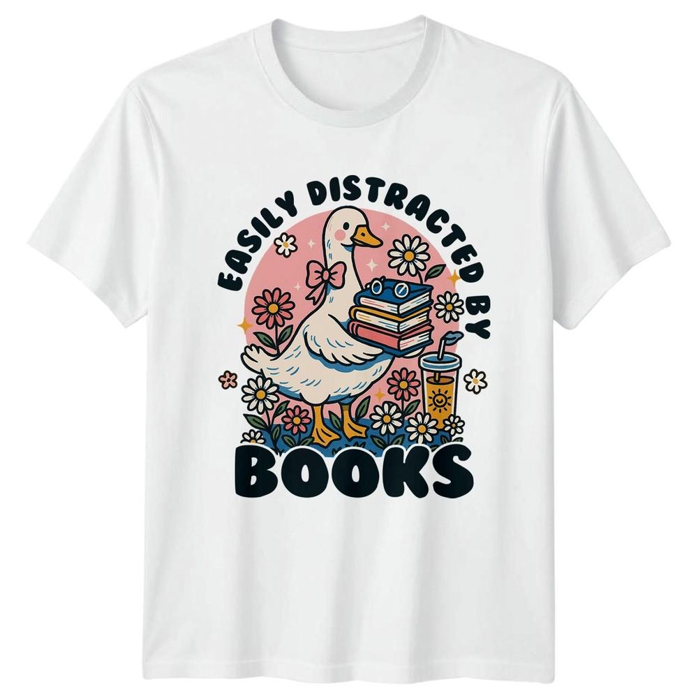 Easily Distracted By Books Unisexs TShirt Goose Reading Birthday Gift For Her S