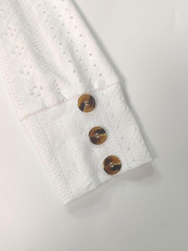 2024 Trendy European & American Women's Hollow V-Neck Drop Shoulder Long Sleeve Button T-Shirt