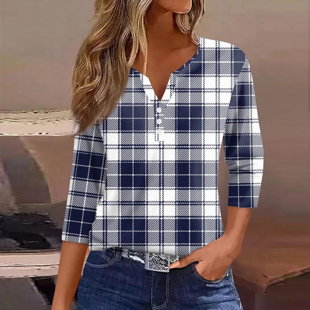 Damen T-Shirt Tee Bedruckt Knopf 3/4 Ärmel Tunika Täglich Wochenende Mode Basic V-Ausschnitt Reguläres Oberteil