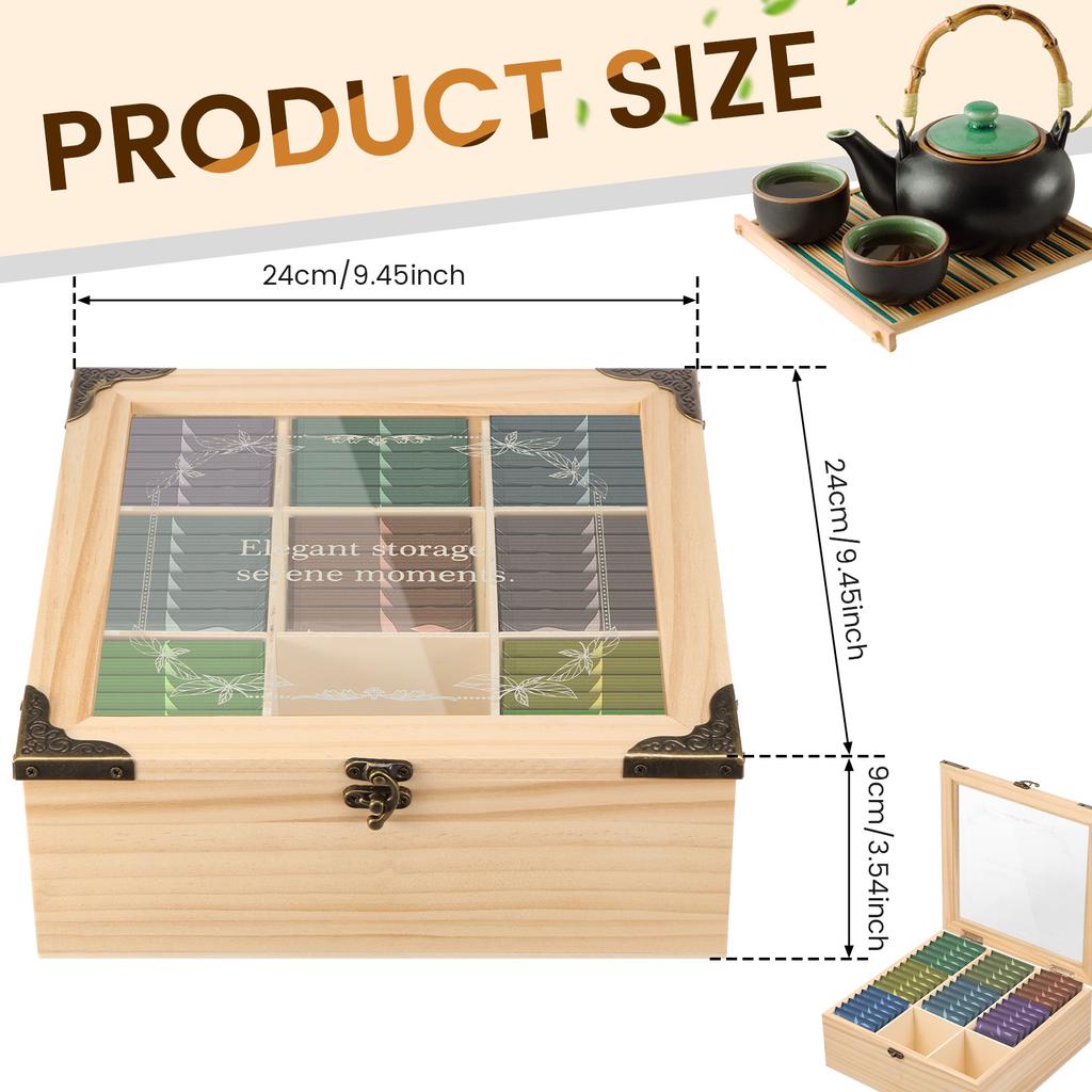 9 Grids Wooden Coffee tea sugar Bag Storage Box Clear Window Lid Sorting Tea Bag Organizer box Office Kitchen Cabinet Organzier
