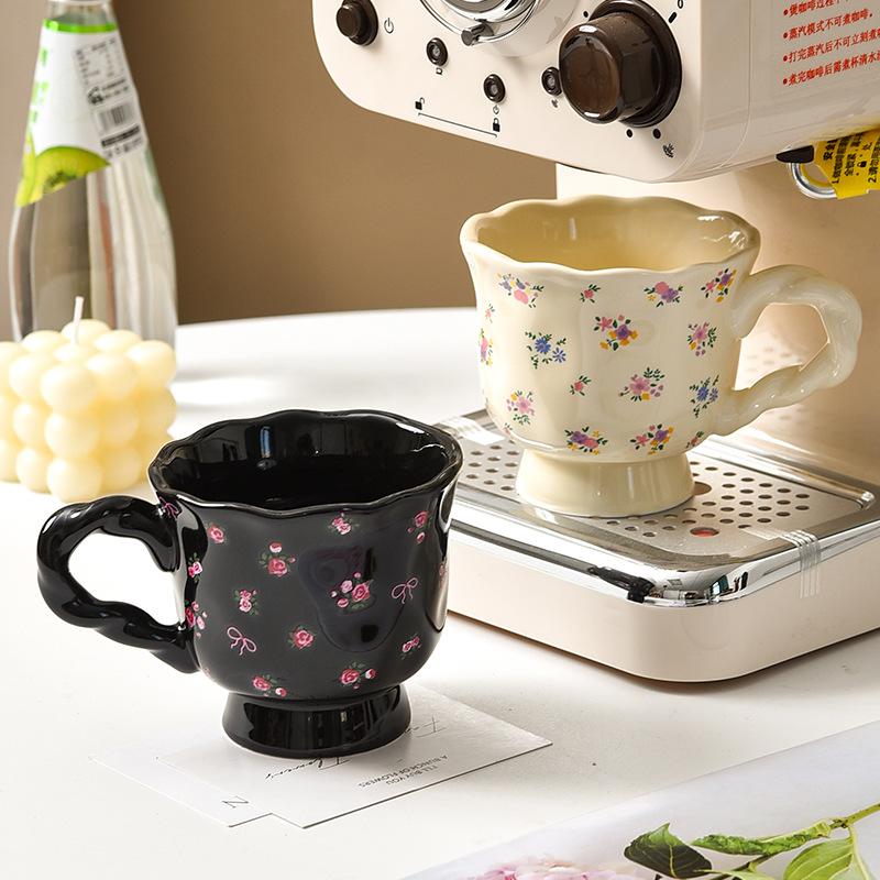Black and White Floral Mug Ceramic Girls High Looking Coffee Couple Exquisite Afternoon Tea Cup High End Feeling Light Luxury