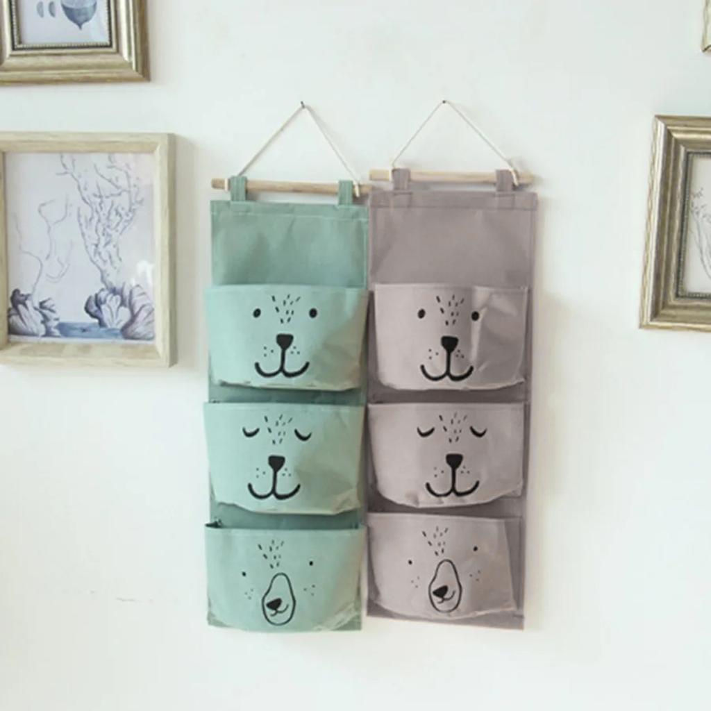 3 Pockets Cotton Wall Mounted Storage Bag Home Room Closet Door Sundries Clothes Hanging Bag Holder Cosmetic Toys Organizer
