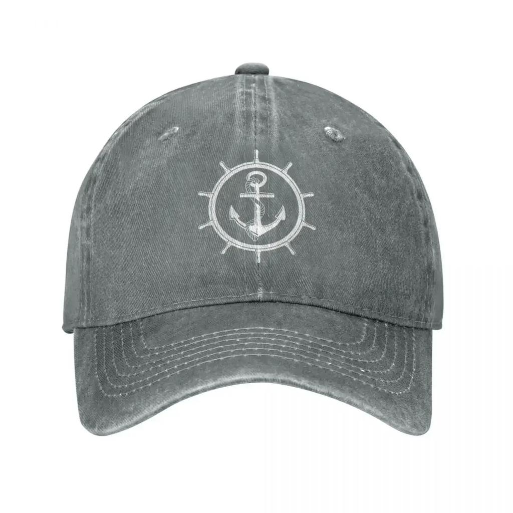 Nautical Captain Anchor Men Women Baseball  Steering Wheel Distressed Washed Hat  Casual Outdoor Running Golf Snapback