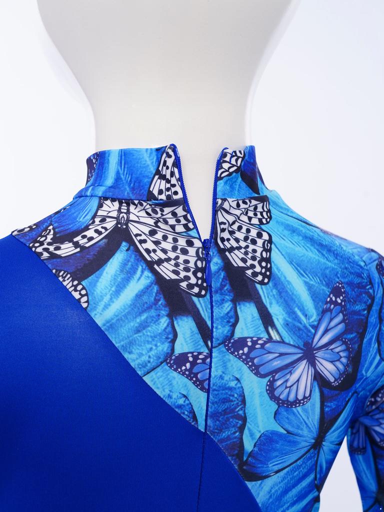 Dziewczęca liturgiczna sukienka do tańca pochwalnego z imitacją golfu, długim rękawem, stylowym nadrukiem, metalicznym color blockiem, o nieregularnym kroju