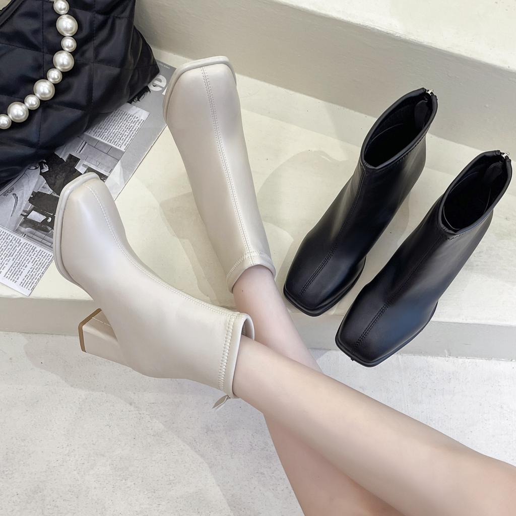 Square Head Short Boots, New Autumn and Winter Mid-tube Boots, Thick-heeled Boots, High-heeled Short Boots.