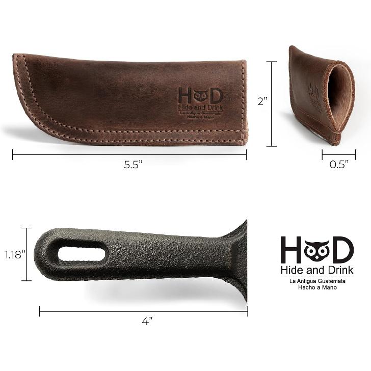 Hide & Drink, Full Grain Leather Hot Handle, Cast Iron Protector, Panhandle Potholder, Double Layered, Double Stitched, Slides On/Off Easily Onto
