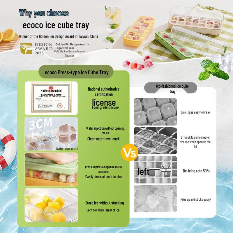 ecoco Press-Type Silicone Ice Cube Tray