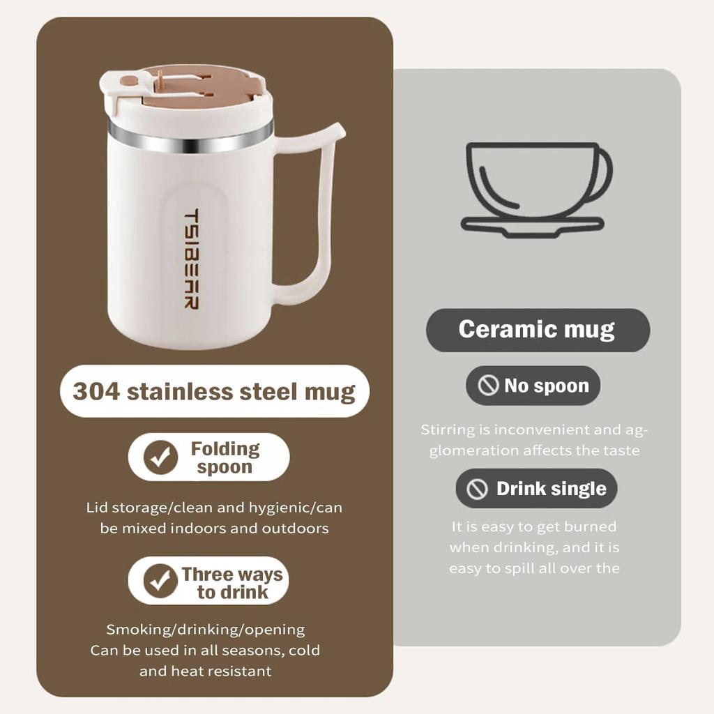Leeseph Coffee Mug With Handle and Sealing Lid and Spoon, Stainless Steel Coffee Travel Mug Double Wall Leak Proof Cup