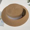 Luxury Elegant Women Summer Straw Hat Flat Top Boater Cap Folds Silk Pearl Decor Hand Weave Wide Brim Sun Hat Panama Fedora
