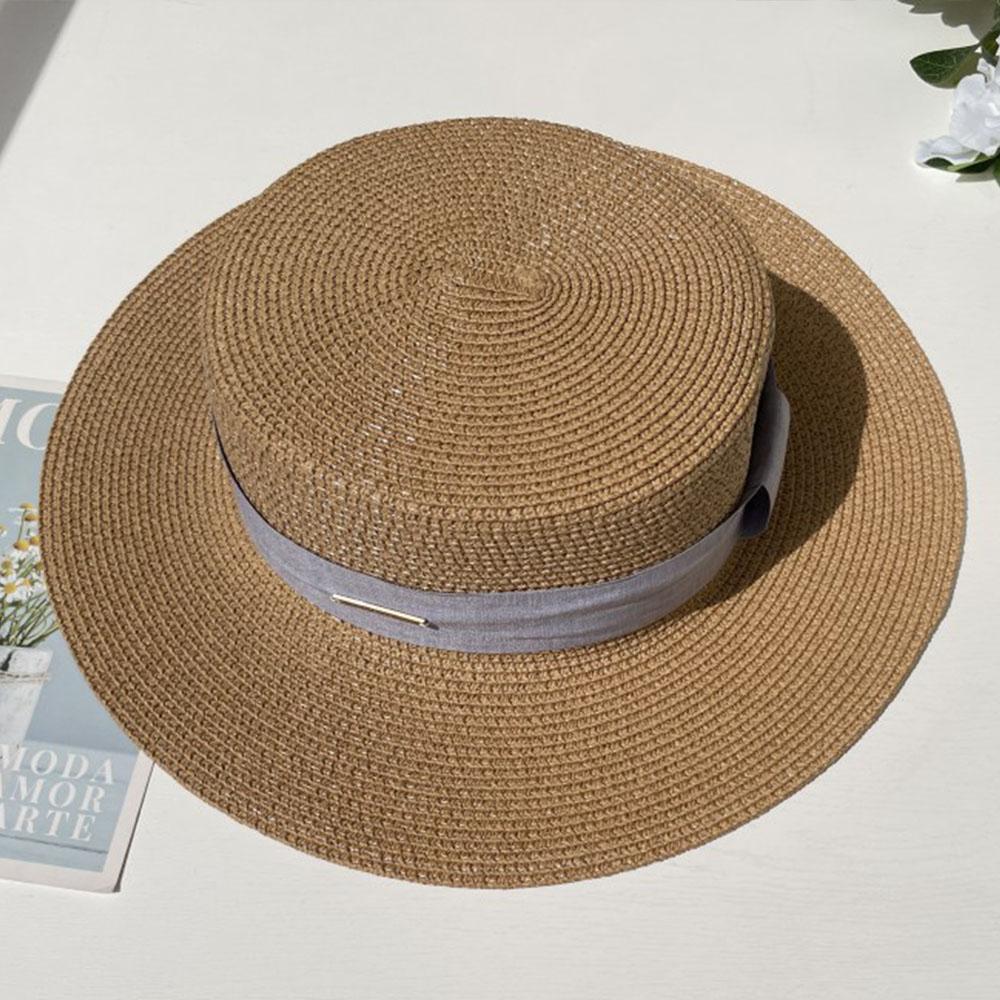 Luxury Elegant Women Summer Straw Hat Flat Top Boater Cap Folds Silk Pearl Decor Hand Weave Wide Brim Sun Hat Panama Fedora