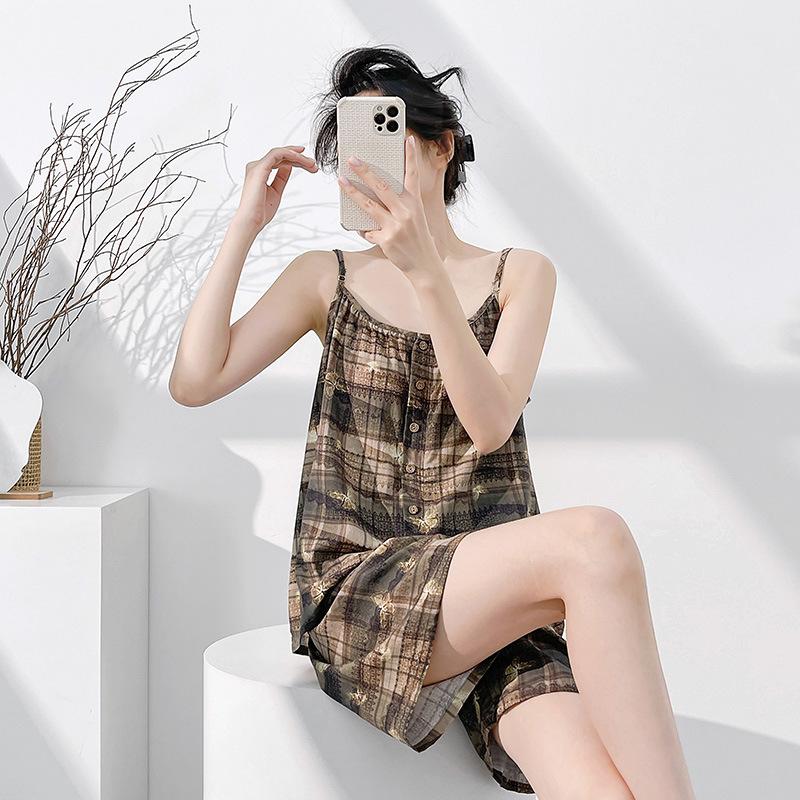 Summer thin floral suspenders pajamas women's French with chest pads can be worn outside sweet sleeveless loungewear cotton silk suit