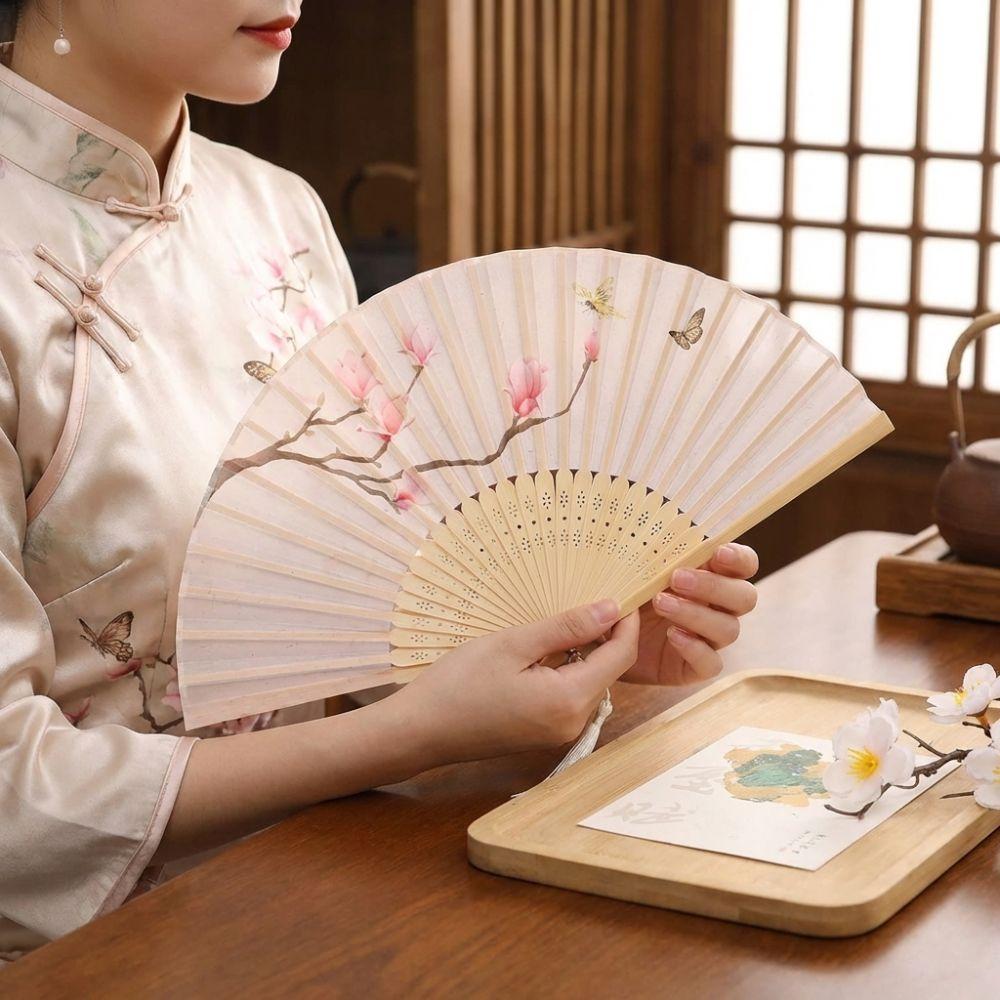 Antique Folding Fan Bamboo Frame Handheld Fan Women Fan Decorative Fan  Cheongsam Matching